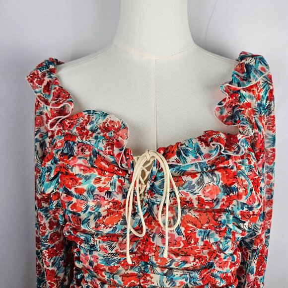 NEW! Free People Mabel Printed Blouse Sz Large Roses Combo Lace-Up Front Boho - Picture 4 of 12